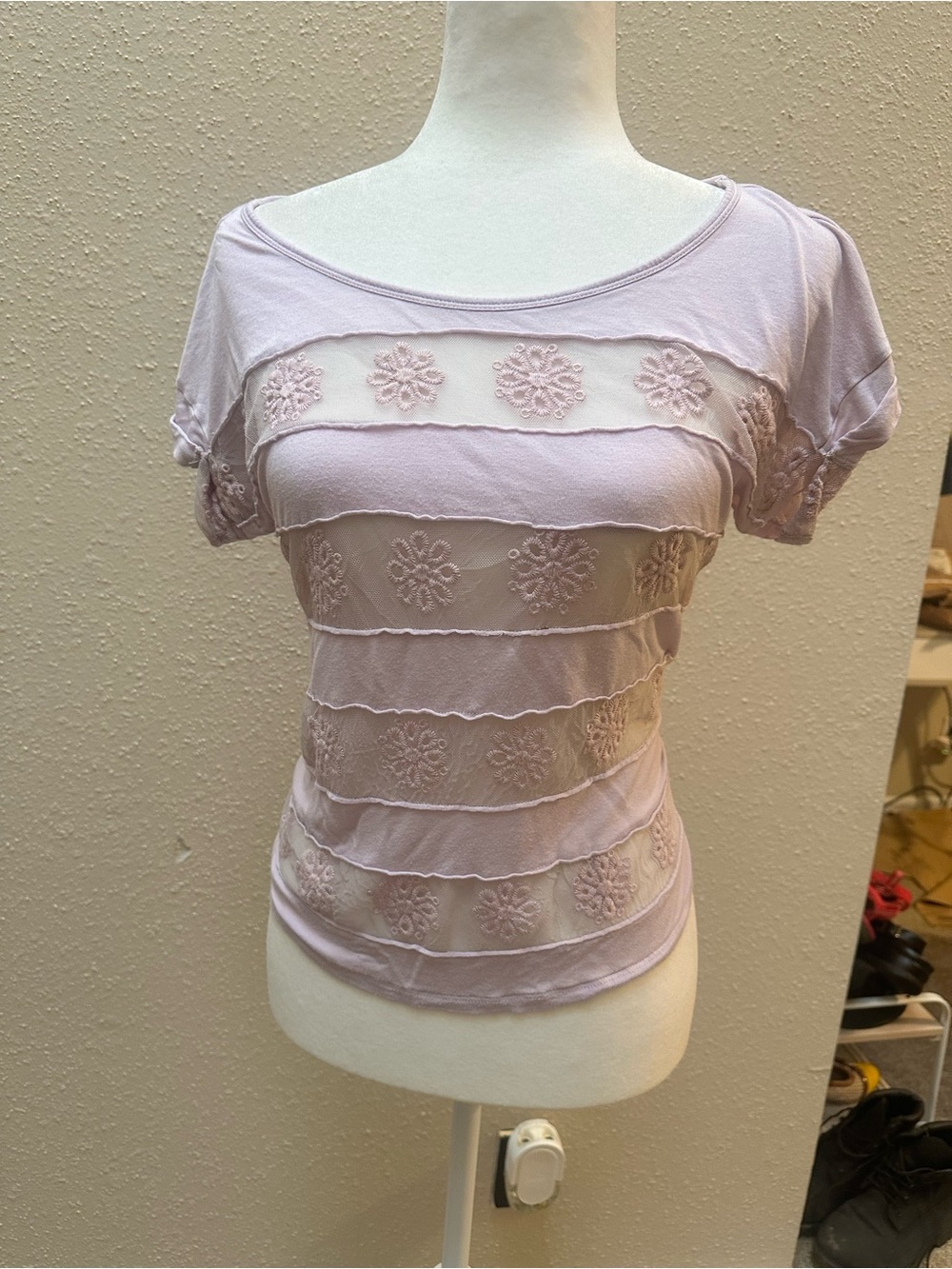 Free People Lavender Purple Floral Sheer Lace T-Shirt Top Short Sleeve Boho XS